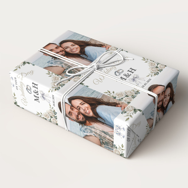 Personalised Wrapping Paper Wedding Day Floral Wedding Rings Photo Gift Wrap