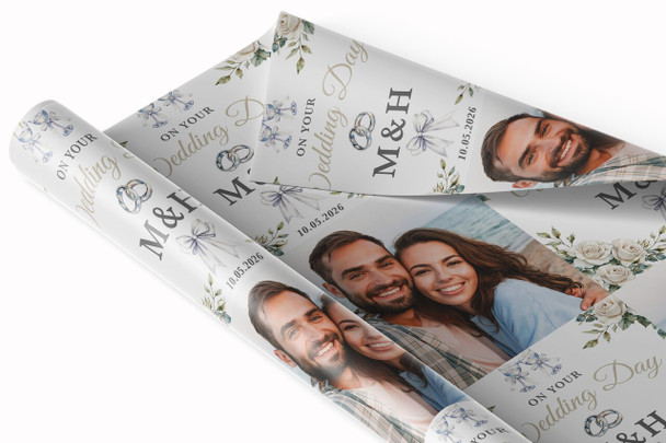 Personalised Wrapping Paper Wedding Day Floral Wedding Rings Photo Gift Wrap