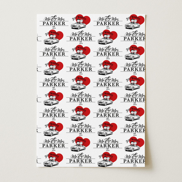 Personalised Wrapping Paper Wedding Day Mr & Mrs Red Heart Just Married Car