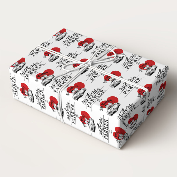 Personalised Wrapping Paper Wedding Day Mr & Mrs Red Heart Just Married Car