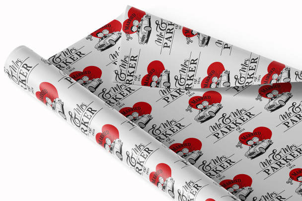 Personalised Wrapping Paper Wedding Day Mr & Mrs Red Heart Just Married Car