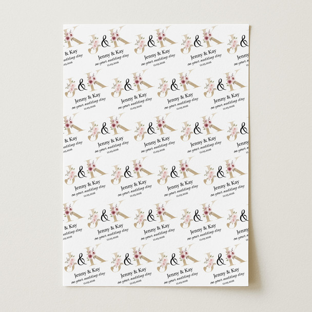 Personalised Wrapping Paper Wedding Day Name Initials Custom Gift Wrap