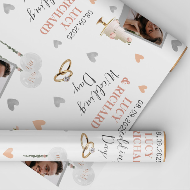 Personalised Wrapping Paper Wedding Day Photo Ring Cake Balloons Gift Wrap