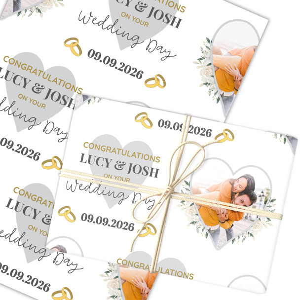 Personalised Wrapping Paper Wedding Day Photo White Flowers Heart Gift Wrap