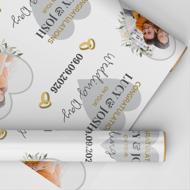 Personalised Wrapping Paper Wedding Day Photo White Flowers Heart Gift Wrap