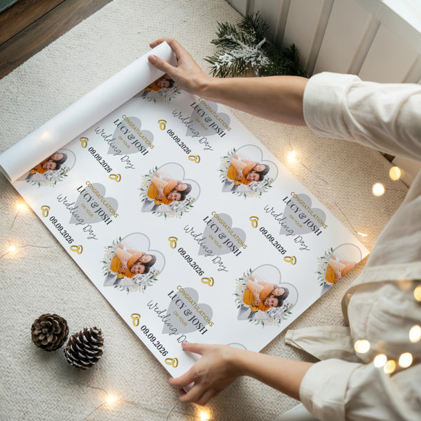 Personalised Wrapping Paper Wedding Day Photo White Flowers Heart Gift Wrap