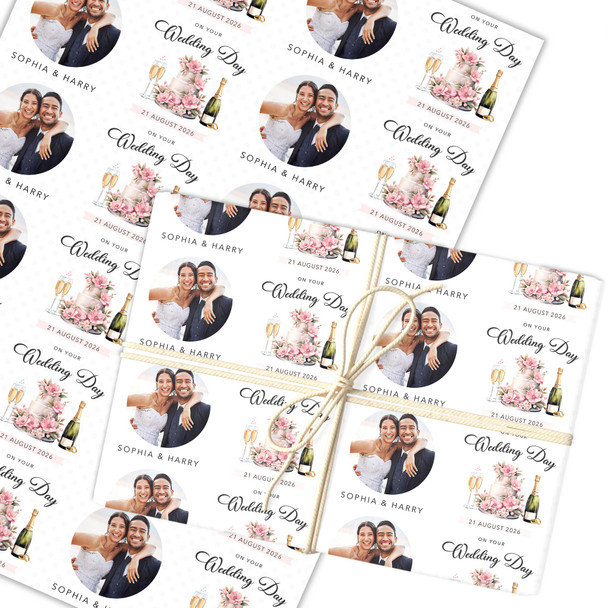Personalised Wrapping Paper Wedding Day Pink Floral Cake Round Photo Gift Wrap