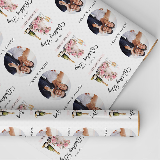 Personalised Wrapping Paper Wedding Day Pink Floral Cake Round Photo Gift Wrap