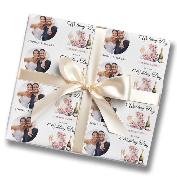Personalised Wrapping Paper Wedding Day Pink Floral Cake Round Photo Gift Wrap