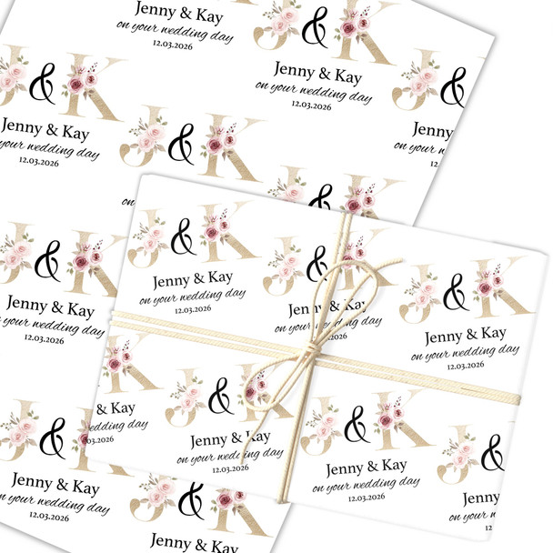 Personalised Wrapping Paper Wedding Day Pink Floral Gold Name Initials Gift Wrap