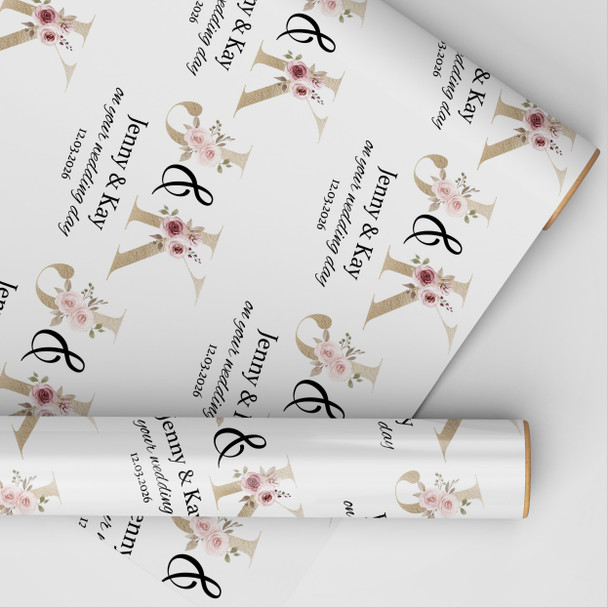Personalised Wrapping Paper Wedding Day Pink Floral Gold Name Initials Gift Wrap