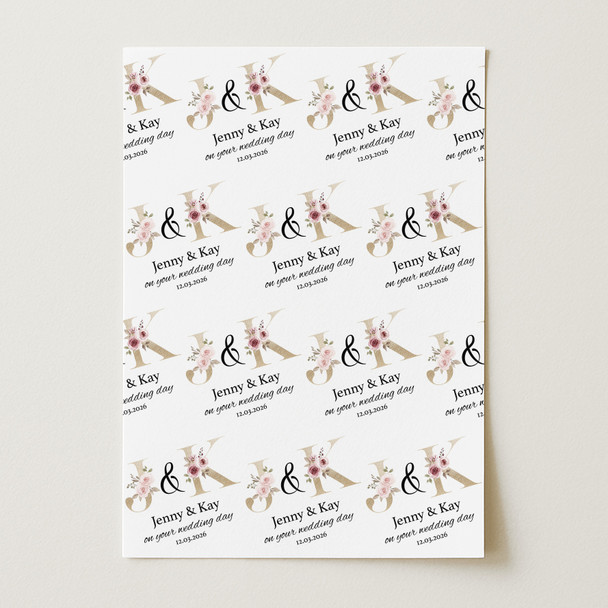 Personalised Wrapping Paper Wedding Day Pink Floral Gold Name Initials Gift Wrap