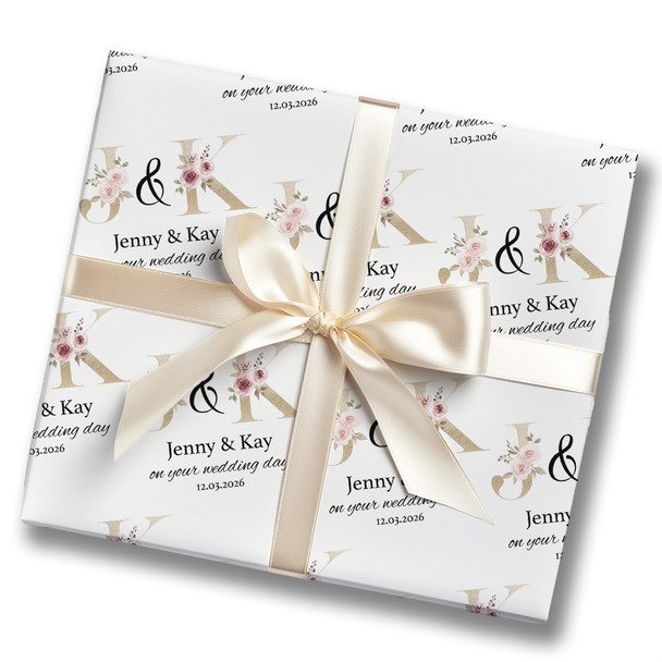 Personalised Wrapping Paper Wedding Day Pink Floral Gold Name Initials Gift Wrap