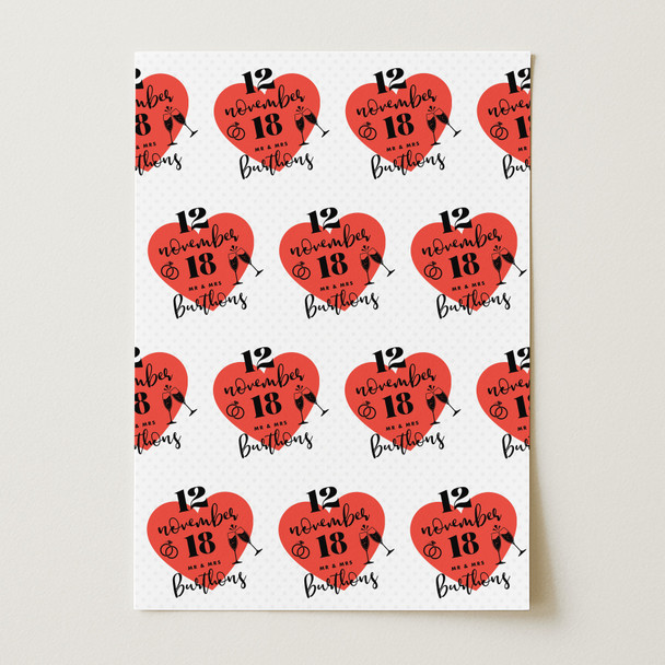 Personalised Wrapping Paper Wedding Day Red Heart Wedding Date Custom Gift Wrap