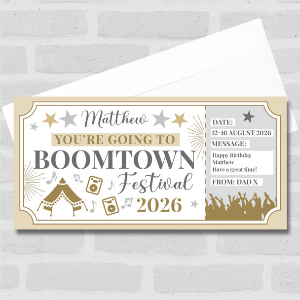 Boomtown Festival Stars Gold Personalised Gift Voucher Surprise Ticket