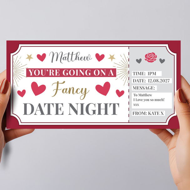 Fancy Date Night Hearts Red Personalised Gift Voucher Surprise Ticket