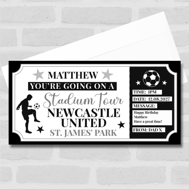 Football Stadium Tour Black White Personalised Gift Voucher Surprise Ticket