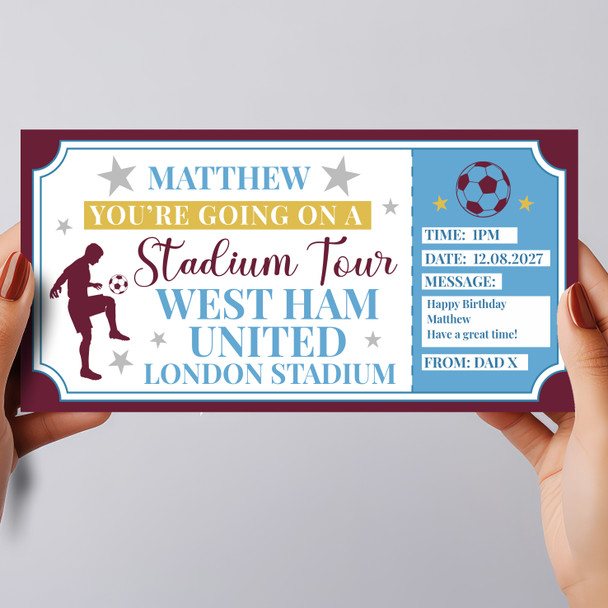 Football Stadium Tour Claret Red Blue Personalised Gift Voucher Surprise Ticket