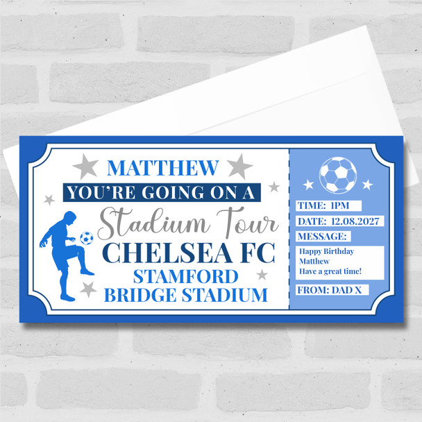 Football Stadium Tour Light Dark Blue Personalised Gift Voucher Surprise Ticket