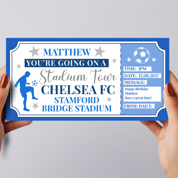 Football Stadium Tour Light Dark Blue Personalised Gift Voucher Surprise Ticket