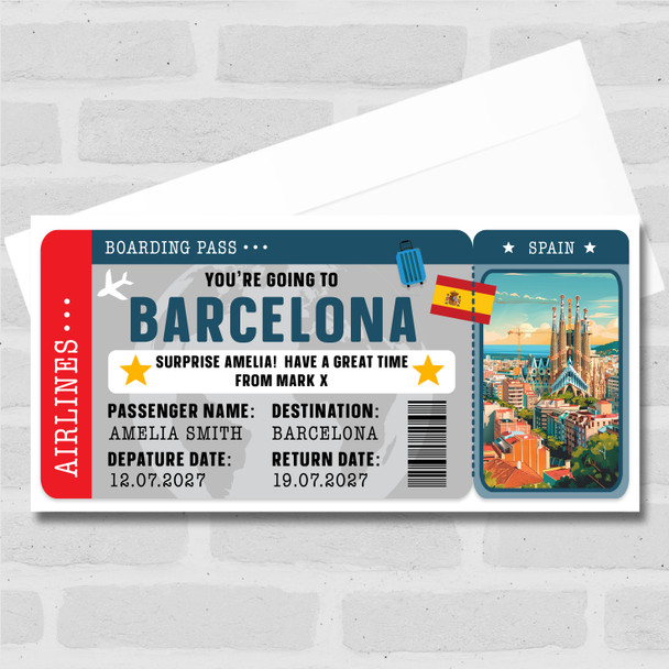 Going To Barcelona Spain Boarding Personalised Gift Voucher Surprise Trip Ticket