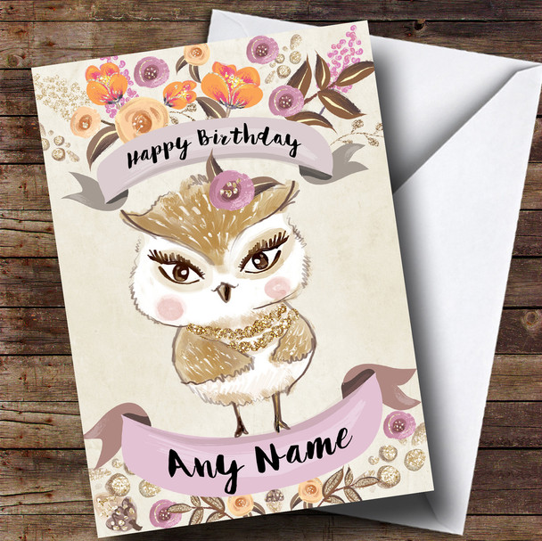 Pretty Owl Personalised Birthday Card