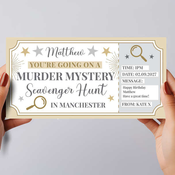 Murder Mystery Scavenger Hunt Personalised Gift Voucher Surprise Ticket
