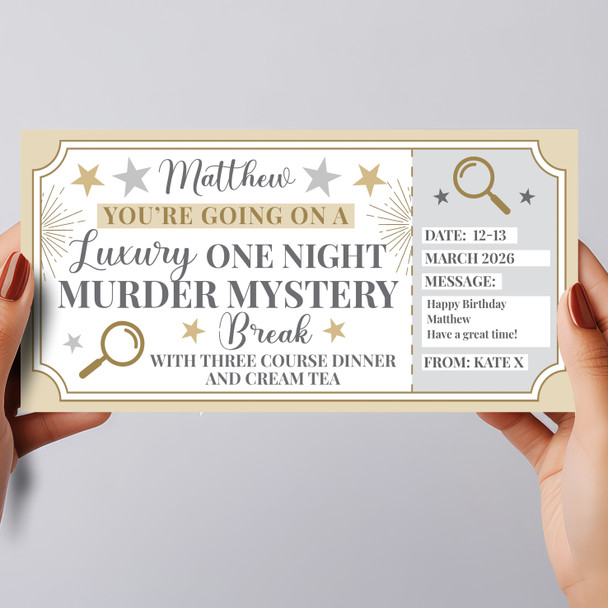 One Night Murder Mystery Break Personalised Gift Voucher Surprise Trip Ticket