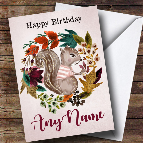 Squirrel Autumn Wreath Personalised Birthday Card