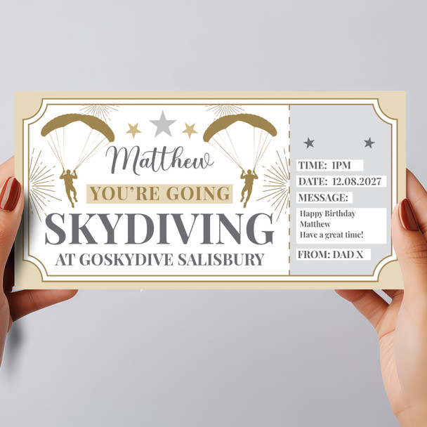 Skydiving Stars Gold Personalised Gift Voucher Surprise Ticket