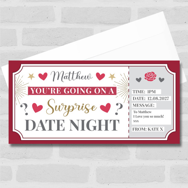 Surprise Date Night Hearts Red Personalised Gift Voucher Surprise Ticket