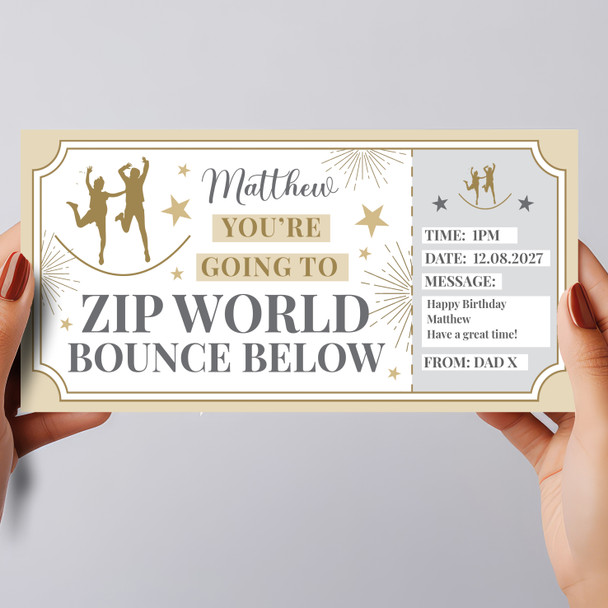 Zip World Bounce Below Stars Gold Personalised Gift Voucher Surprise Ticket