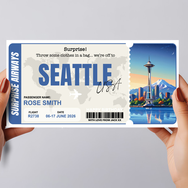 Seattle Boarding Pass Personalised Gift Voucher Surprise Trip Holiday Ticket