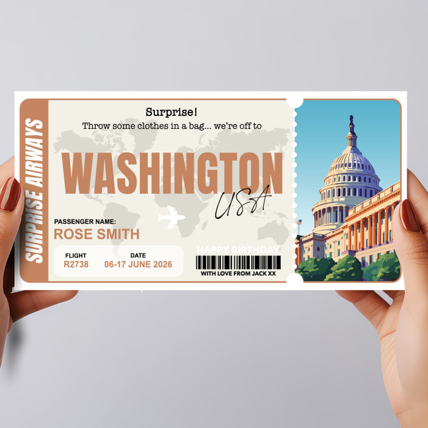 Washington Boarding Pass Personalised Gift Voucher Surprise Trip Holiday Ticket