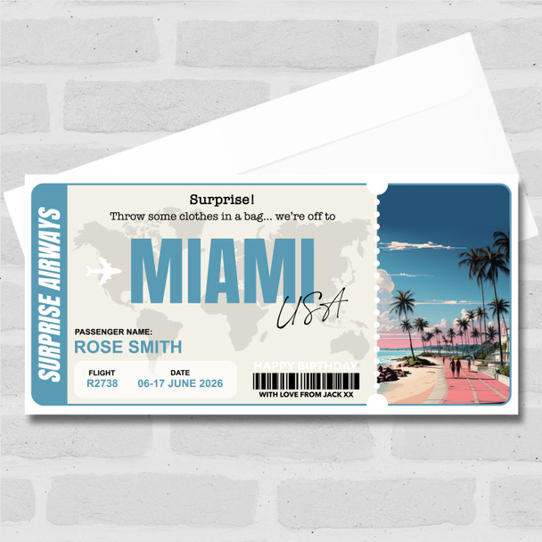 Miami Boarding Pass Personalised Gift Voucher Surprise Trip Holiday Ticket