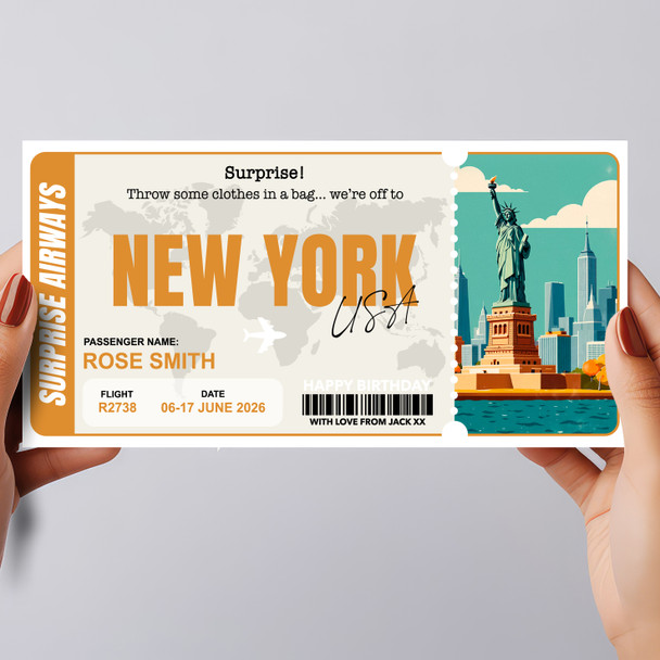 New York Boarding Pass Personalised Gift Voucher Surprise Trip Holiday Ticket