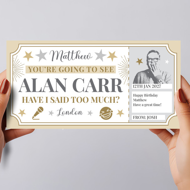 Alan Carr Comedy Show Stars Gold Personalised Surprise Ticket Gift Voucher