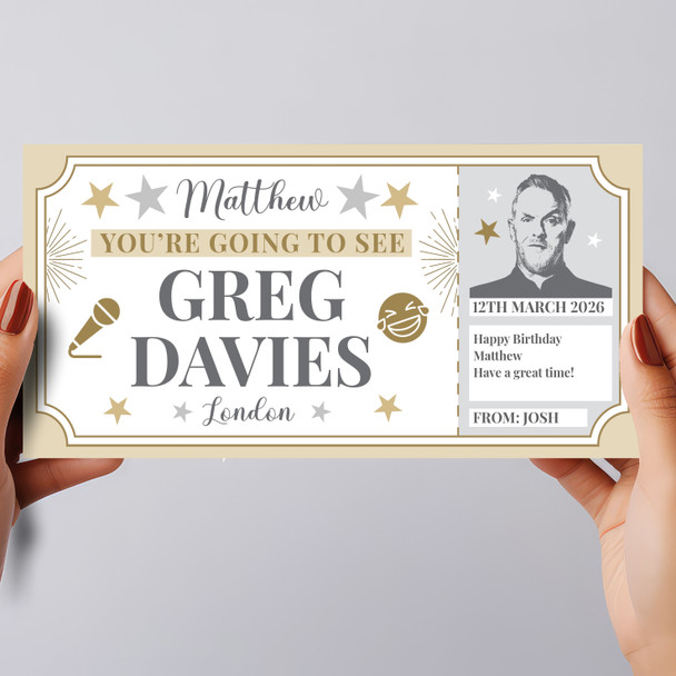 Greg Davies Comedy Show Stars Gold Personalised Surprise Ticket Gift Voucher