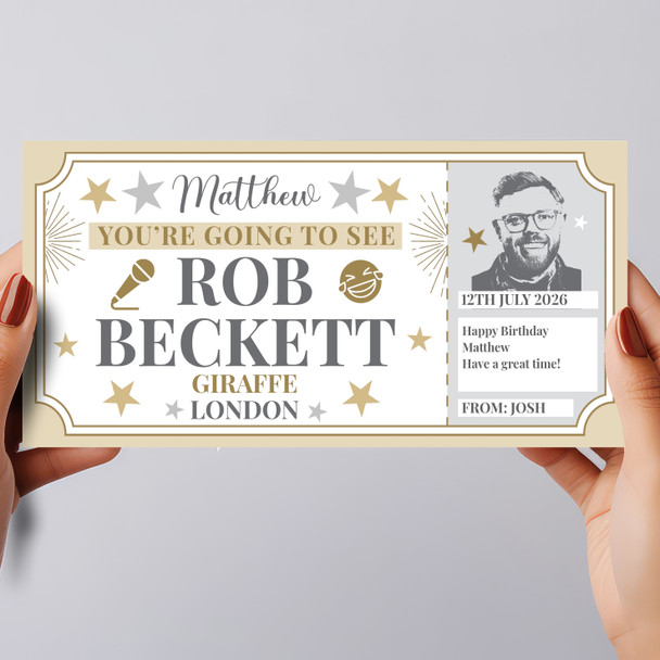 Rob Beckett Comedy Show Stars Gold Personalised Surprise Ticket Gift Voucher
