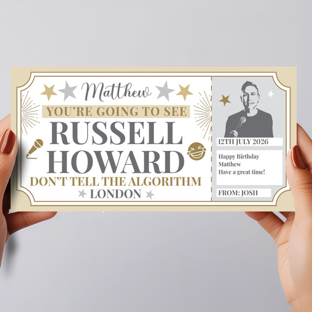 Russell Howard Comedy Show Stars Gold Personalised Surprise Ticket Gift Voucher