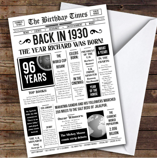 Born In 1930 White Newspaper Birthday Facts Any Year Any Age Personalised Card
