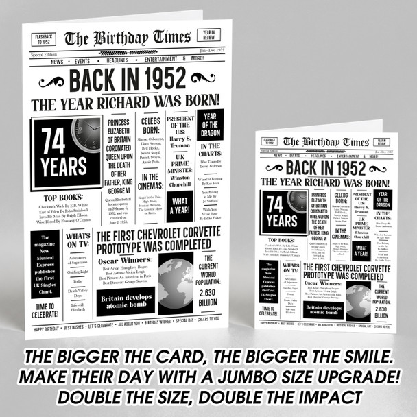 Born In 1952 White Newspaper Birthday Facts Any Year Any Age Personalised Card
