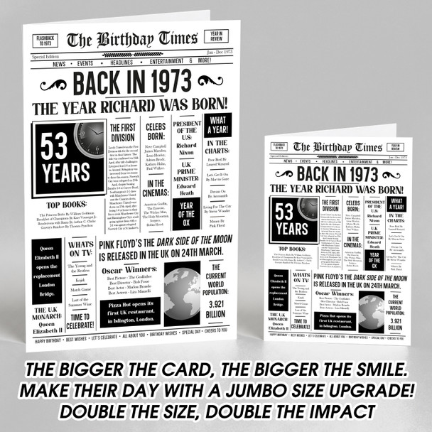 Born In 1973 White Newspaper Birthday Facts Any Year Any Age Personalised Card