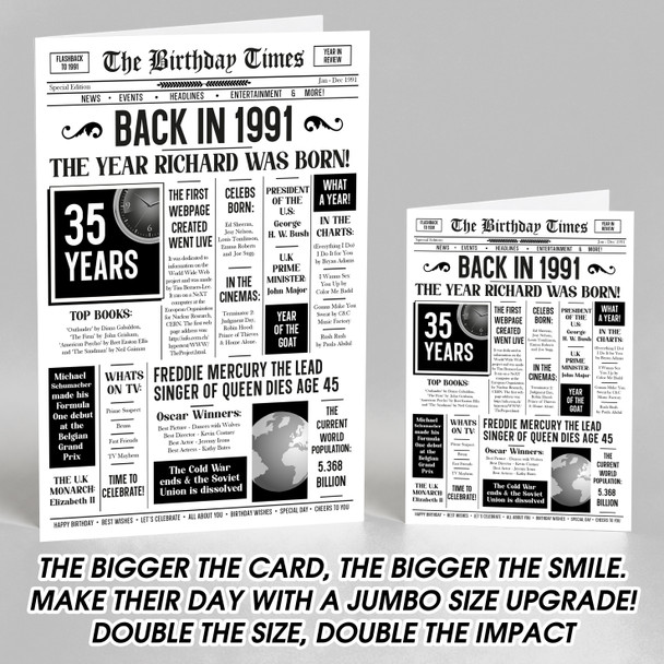Born In 1991 White Newspaper Birthday Facts Any Year Any Age Personalised Card