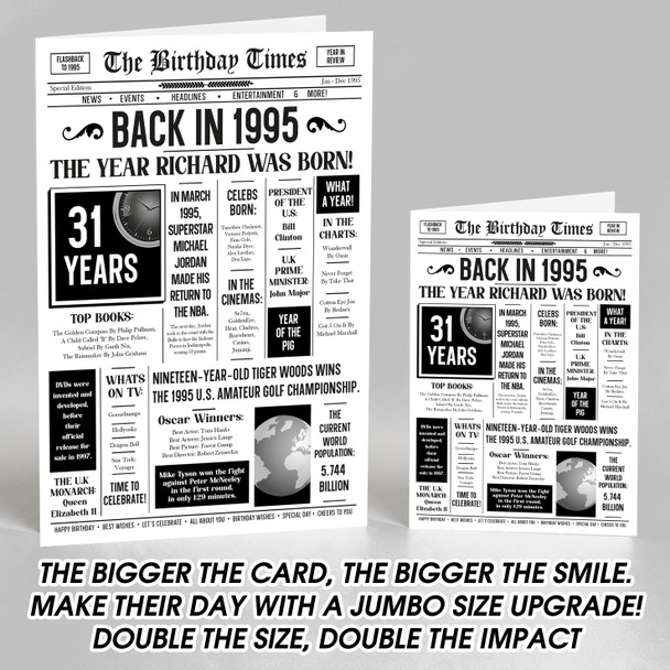 Born In 1995 White Newspaper Birthday Facts Any Year Any Age Personalised Card