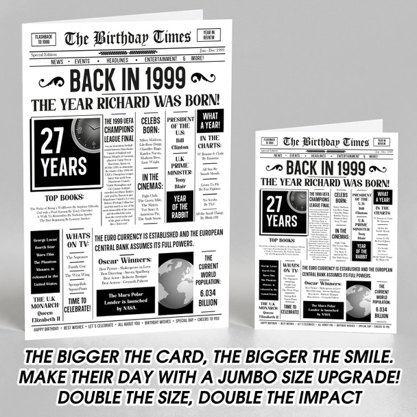 Born In 1999 White Newspaper Birthday Facts Any Year Any Age Personalised Card