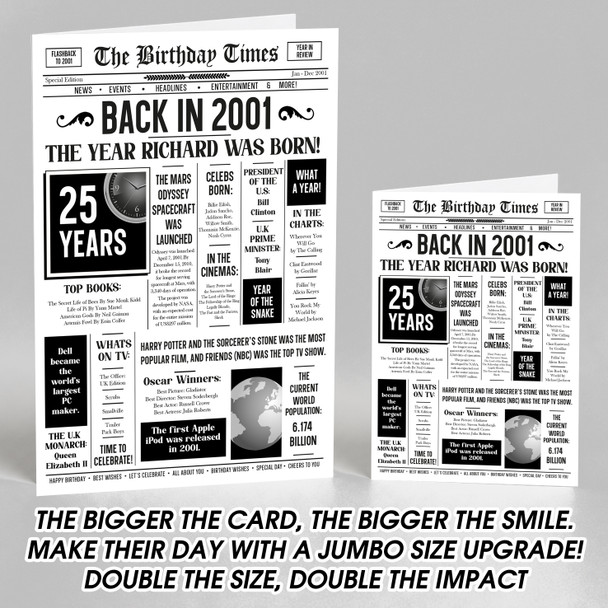 Born In 2001 White Newspaper Birthday Facts Any Year Any Age Personalised Card