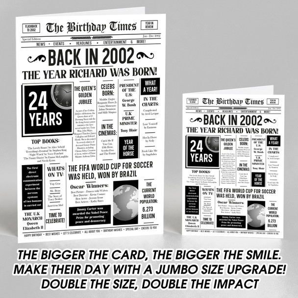 Born In 2002 White Newspaper Birthday Facts Any Year Any Age Personalised Card