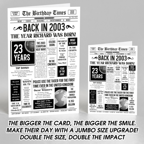 Born In 2003 White Newspaper Birthday Facts Any Year Any Age Personalised Card