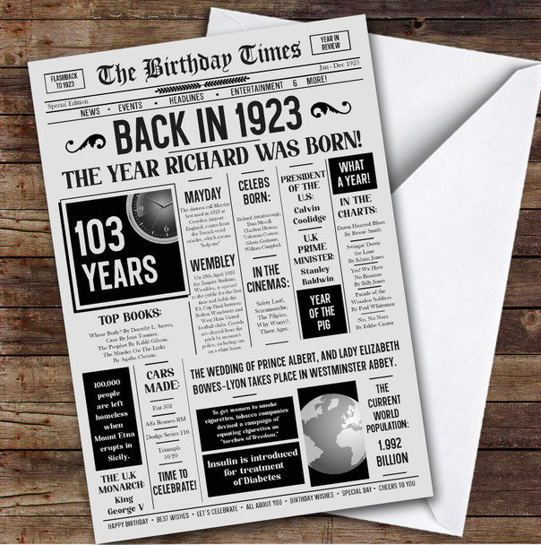 Born In 1923 Grey Newspaper Birthday Facts Any Year Any Age Personalised Card